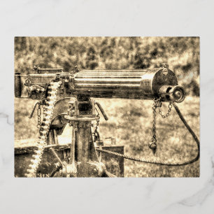 Postal Festiva Con Relieve Metalizado Vickers Machine Gun Vintage