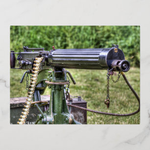 Postal Festiva Con Relieve Metalizado Vikers Machine Gun
