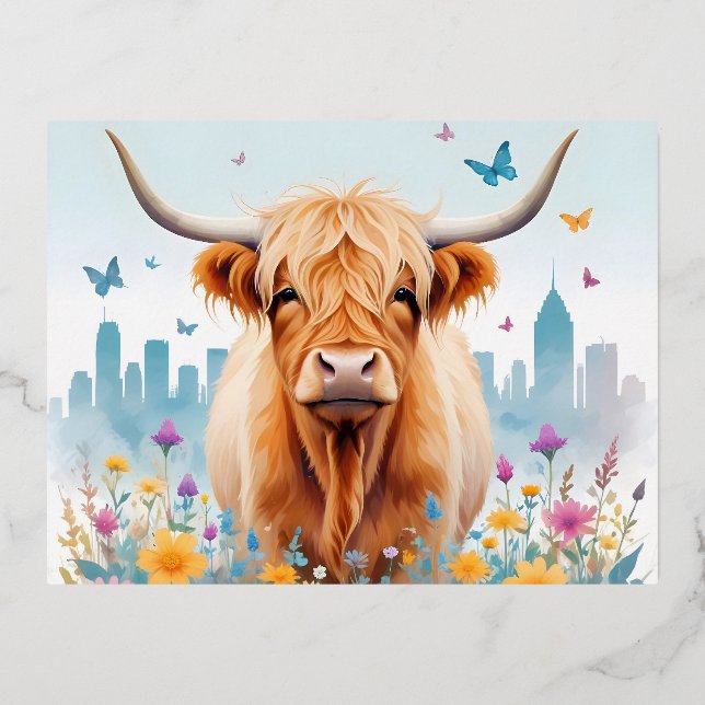 Postal Festiva Con Relieve Metalizado Viñeta de vaca de montaña Naturaleza animal Bosque (Anverso)