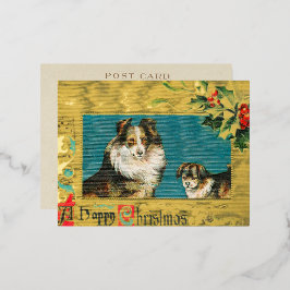 Postal Festiva Con Relieve Metalizado Vintage 1908 Collie Dogs Gold Happy Navidades Gold