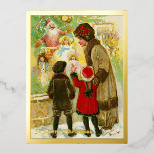 Postal Festiva Con Relieve Metalizado Vintage 1912 Madre e hijo Feliz oro navideño