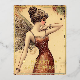 Postal Festiva Con Relieve Metalizado Vintage Fairy Merry Christmas Greetings Retro Pic