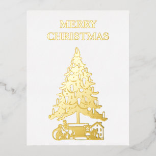 Postal Festiva Con Relieve Metalizado Vintage Gold Christmas Tree Feliz Navidad