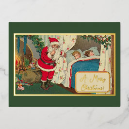 Postal Festiva Con Relieve Metalizado Vintage Green Navidades Eve Santa Gifts Niños