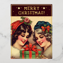 Postal Festiva Con Relieve Metalizado Vintage Ladies Navidades Tema Saludos Retro Pic