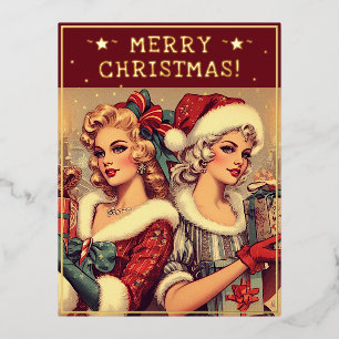 Postal Festiva Con Relieve Metalizado Vintage Ladies Navidades Tema Saludos Retro Pic