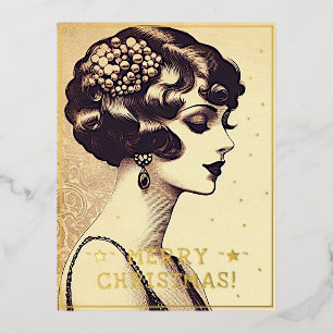 Postal Festiva Con Relieve Metalizado Vintage Lady Merry Christmas Greetings Retro Pic