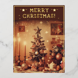 Postal Festiva Con Relieve Metalizado Vintage Navidad Theme Saludos Rústica Árbol Pic