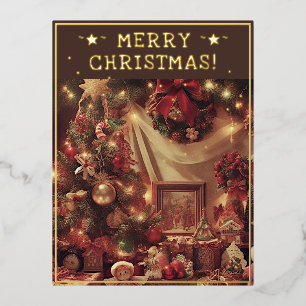 Postal Festiva Con Relieve Metalizado Vintage Navidad Theme Saludos Rústica Árbol Pic