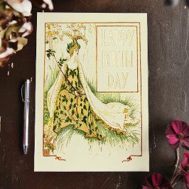 Postal Festiva Con Relieve Metalizado Vintage Nouveau Meadowdulce Walter Crane Cumpleaño
