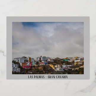 Postal Festiva Con Relieve Metalizado Vista de la ciudad de Las Palmas
