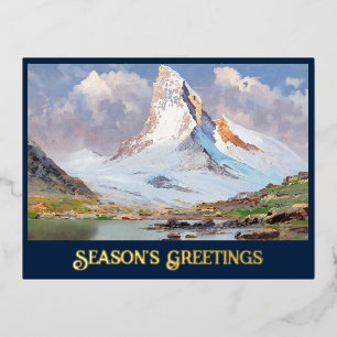 Postal Festiva Con Relieve Metalizado Vista del Matterhorn,