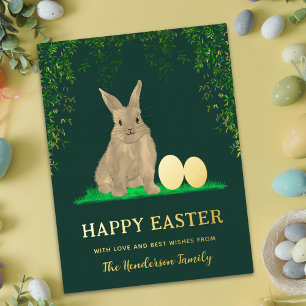 Postal Festiva Con Relieve Metalizado Watercolor Easter Bunny y Oro Verde de Huevos