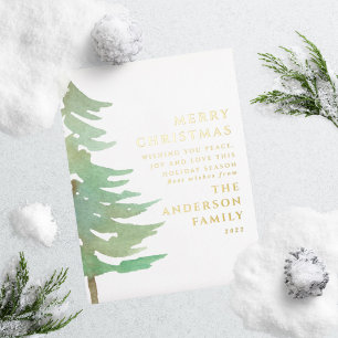 Postal Festiva Con Relieve Metalizado Watercolor forest Merry Christmas Holiday