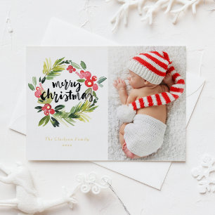 Postal Festiva Con Relieve Metalizado Watercolor Holly Wreath Merry Christmas Photo
