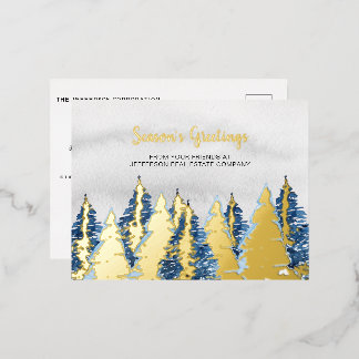 Postal Festiva Con Relieve Metalizado Watercolor Pine Trees Selva de Invierno