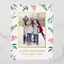Postal Festiva Con Relieve Metalizado Watercolor Winter Greenery Frame Photo