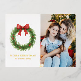 Postal Festiva Con Relieve Metalizado Watercolor Wreath Photo Modern Navidades