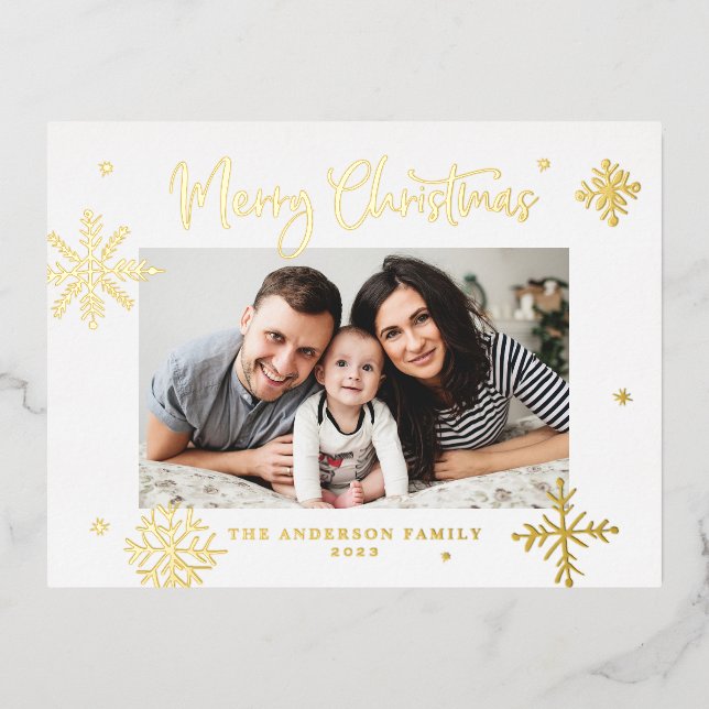 Postal Festiva Con Relieve Metalizado Whimsical Snowflakes Fotos navideñas (Anverso)