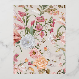 Postal Festiva Con Relieve Metalizado White Cats Pink Roses Floral Holiday Card