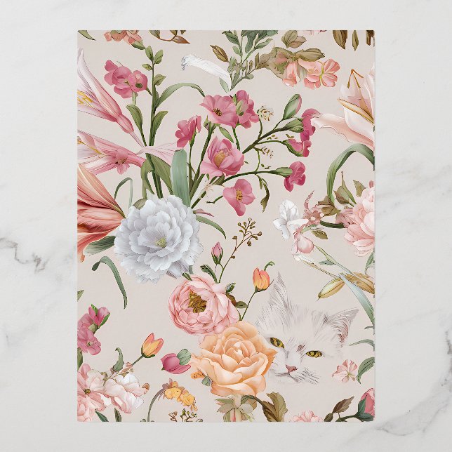Postal Festiva Con Relieve Metalizado White Cats Pink Roses Floral Holiday Card (Anverso)
