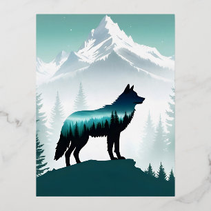 Postal Festiva Con Relieve Metalizado Wolf Wildlife Animal Nature Environment Forest Art
