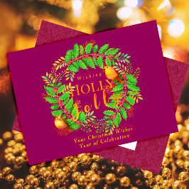 Postal Festiva Con Relieve Metalizado Wreath Holly Jolly Family Wine