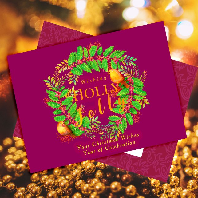 Postal Festiva Con Relieve Metalizado Wreath Holly Jolly Family Wine (Wreath Holly Jolly with Robin Birds Design.)