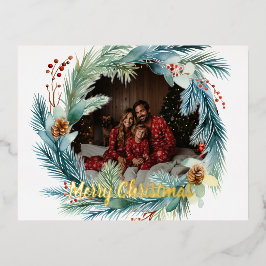Postal Festiva Con Relieve Metalizado Wreath Navidades de acuarela fotográfica personali