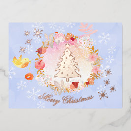 Postal Festiva Con Relieve Metalizado Wreath, Navidades de acuarela. Pastel. Personaliza