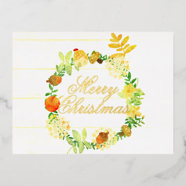 Postal Festiva Con Relieve Metalizado Wreath, Navidades de acuarela. Pastel. Personaliza