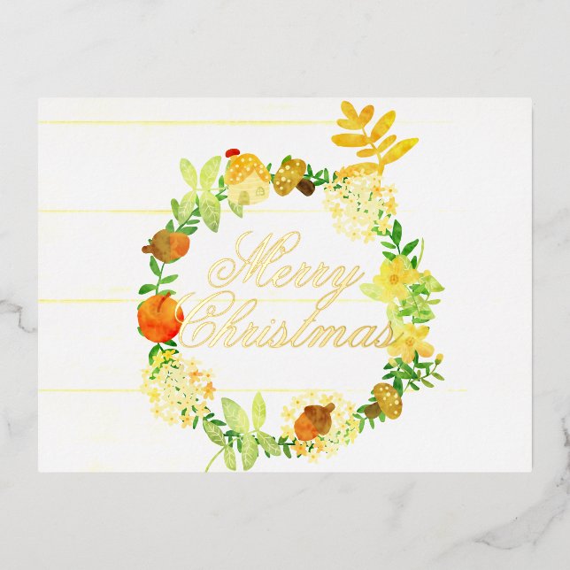 Postal Festiva Con Relieve Metalizado Wreath, Navidades de acuarela. Pastel. Personaliza (Anverso)