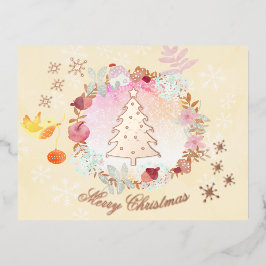 Postal Festiva Con Relieve Metalizado Wreath, Navidades de acuarela. Pastel. Personaliza