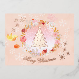 Postal Festiva Con Relieve Metalizado Wreath, Navidades de acuarela. Rosa. Personalizado