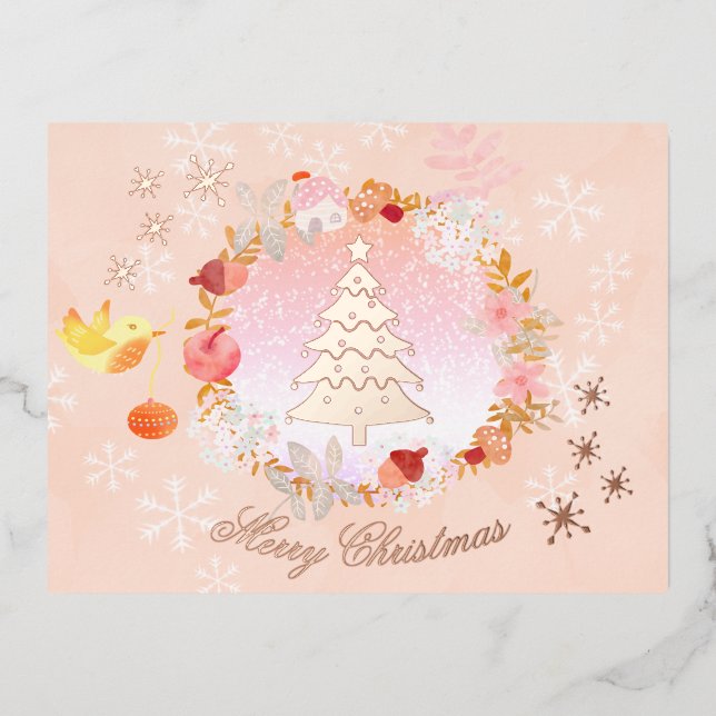 Postal Festiva Con Relieve Metalizado Wreath, Navidades de acuarela. Rosa. Personalizado (Anverso)