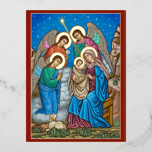 Postal Festiva Con Relieve Metalizado Y los ángeles estaban asombrados (Anverso)