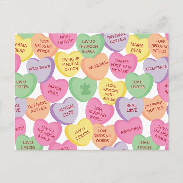 Postal Festiva Conciencia de autismo Valentine Heart Candy Saying (Anverso)