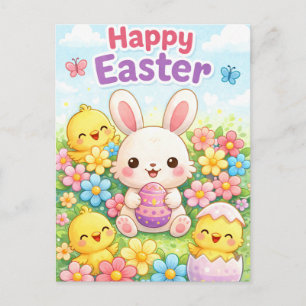 Postal Festiva Conejito de Pascua adorable y pollitos   Feliz Pas