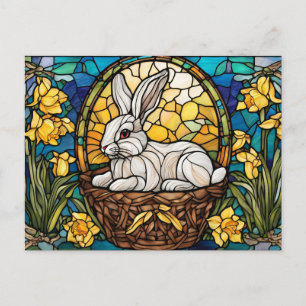 Postal Festiva Conejito de Pascua con vidrio emplomado de narciso
