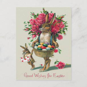 Postal Festiva Conejito de Pascua Papá Niño Rosa Canasta Huevo