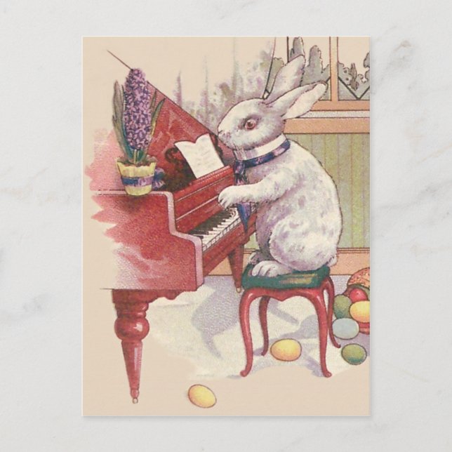 Postal Festiva Conejito de pascua que juega el jacinto del piano (Anverso)