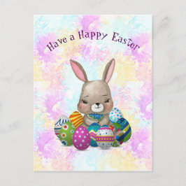 Postal Festiva Conejito de pascua rodeado por los huevos de