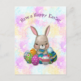 Postal Festiva Conejito de pascua rodeado por los huevos de