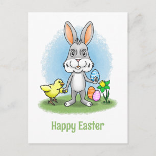 Postal Festiva Conejito de Pascua y la gallina muestran los huevo