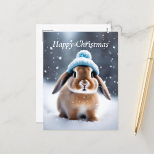 Postal Festiva Conejito lindo con un gorro de pompón Arte propio 