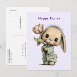 Postal Festiva Conejito lindo sosteniendo una tulipán de Pascua