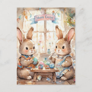 Postal Festiva Conejitos de Pascua coloreando huevos