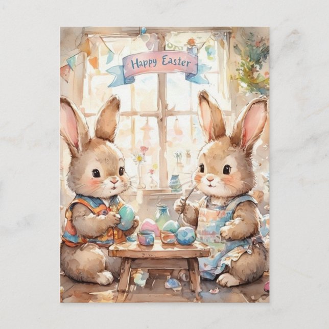 Postal Festiva Conejitos de Pascua coloreando huevos  (Anverso)