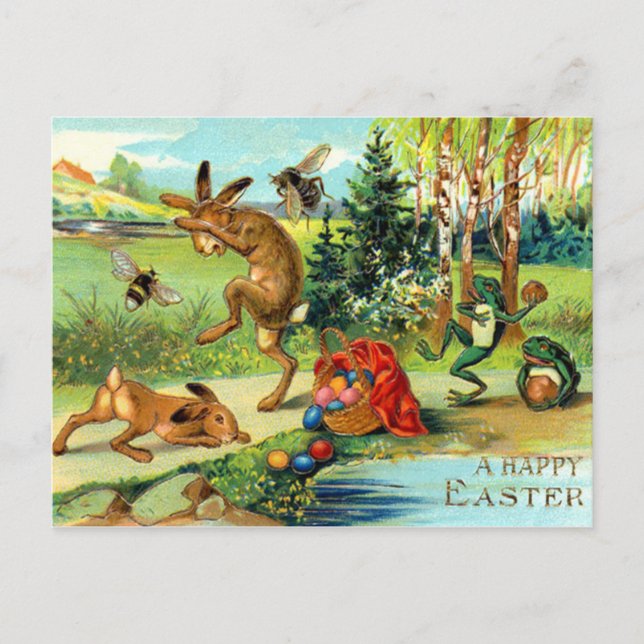 Postal Festiva Conejitos de pascua con los huevos (Anverso)