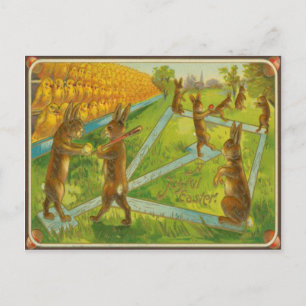 Postal Festiva Conejitos de Pascua Vintage Jugando Béisbol Pollit